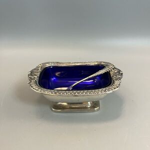 Footed Open Salt Cellar Cobalt Plastic Insert Silver Plate Base Made In England